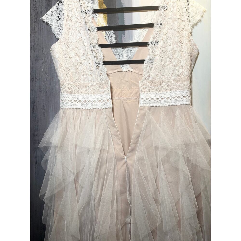 Fairycore Lace Tulle Dress XL Blush Nude Tiered Mesh Ruffle Romantic Formal - Picture 3 of 8
